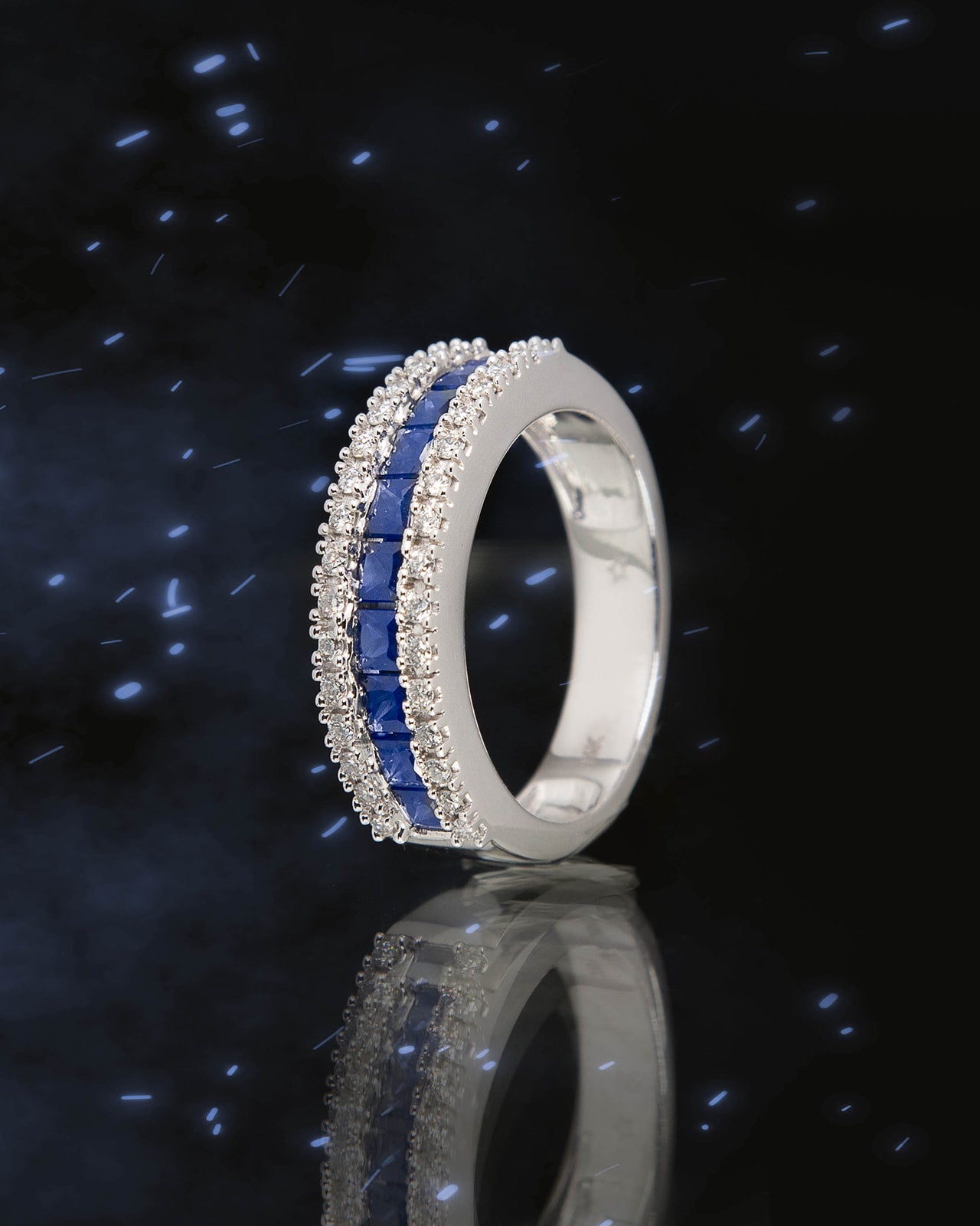 Triple Row Sapphire and Diamond Ring in White Gold
