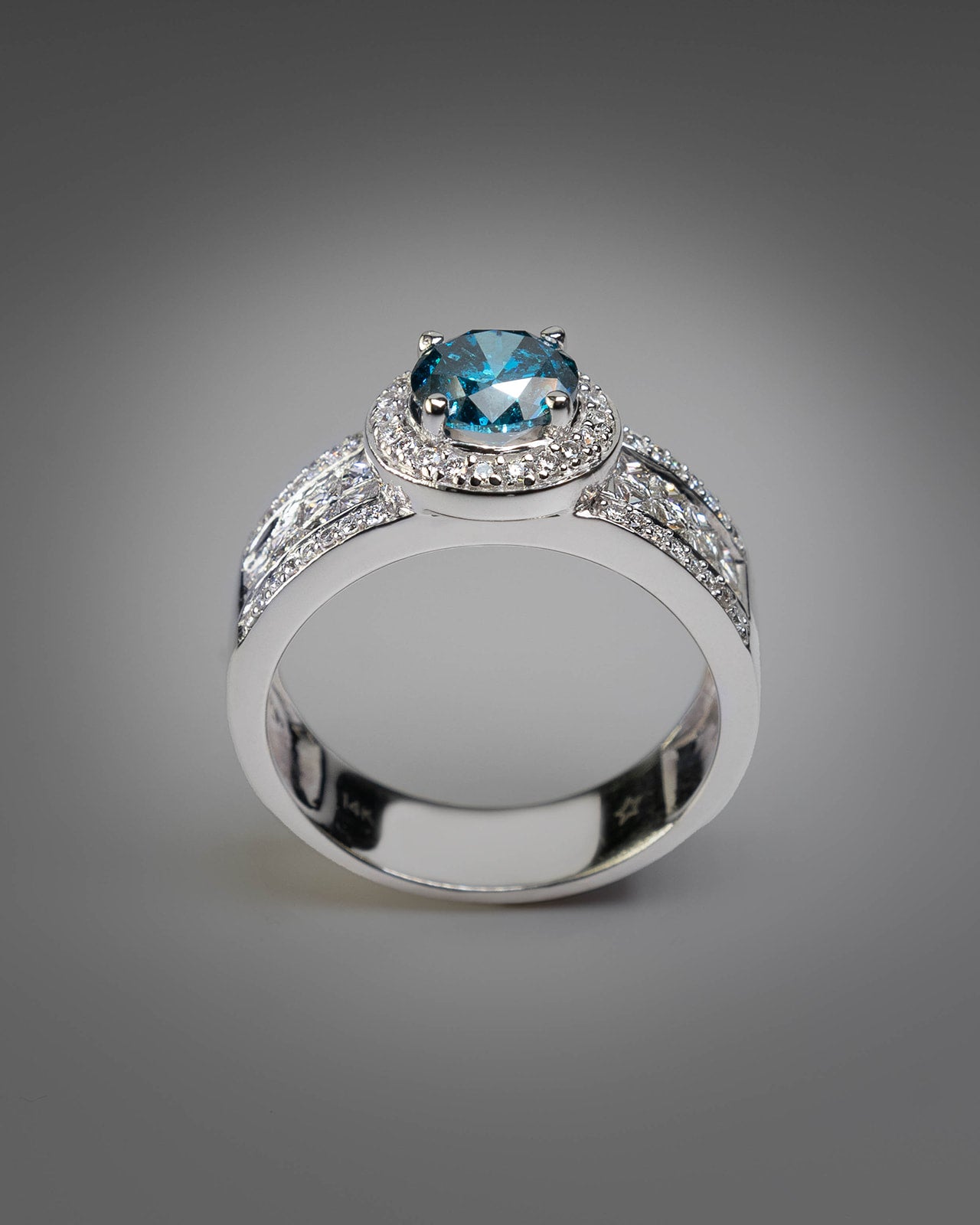 Four Row Blue Diamond Ring in White Gold