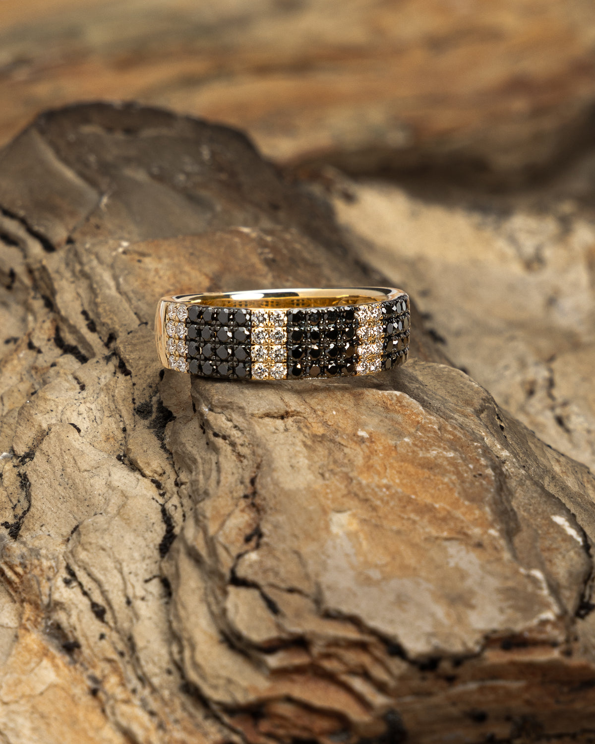Black & White Diamond 4-Row Ring in Yellow Gold