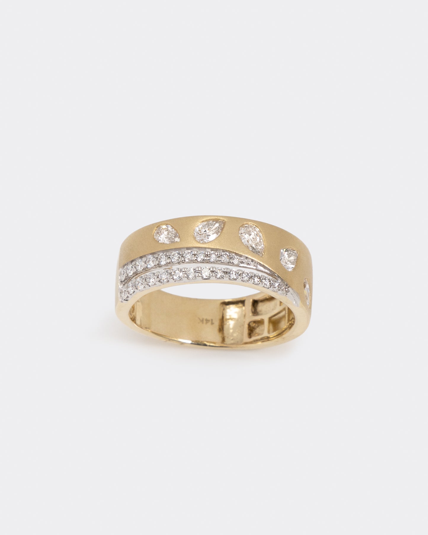 Double Row Pear and Round Diamond Ring in Yellow Gold