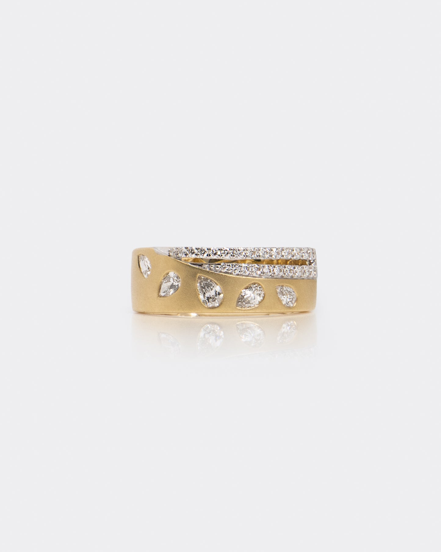 Double Row Pear and Round Diamond Ring in Yellow Gold