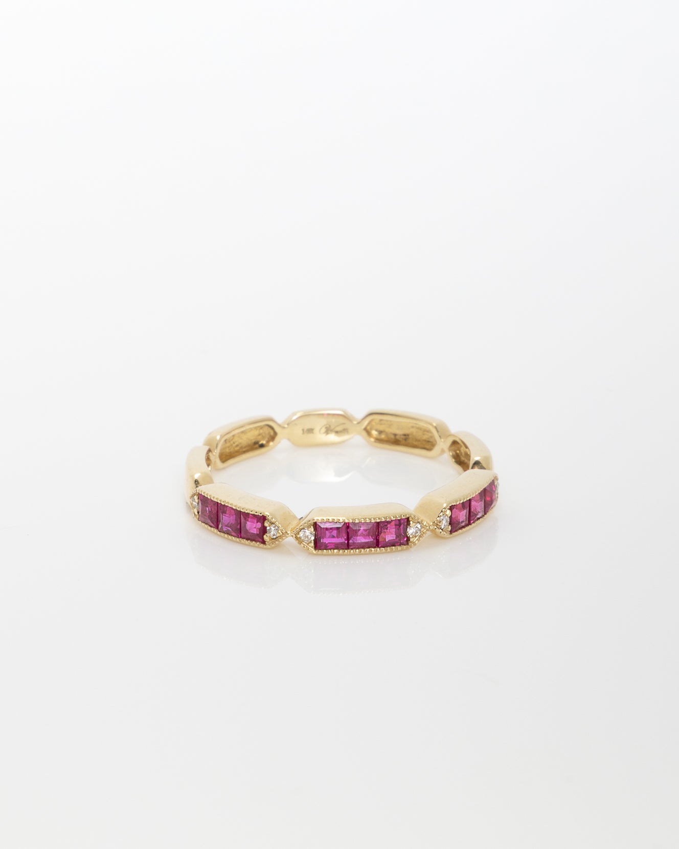 Princess Cut Ruby & Round Diamond Band in Yellow Gold
