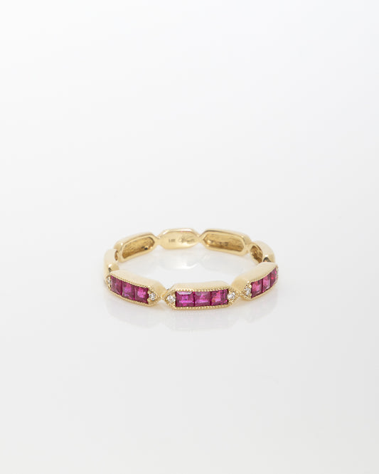 Princess Cut Ruby & Round Diamond Band in Yellow Gold