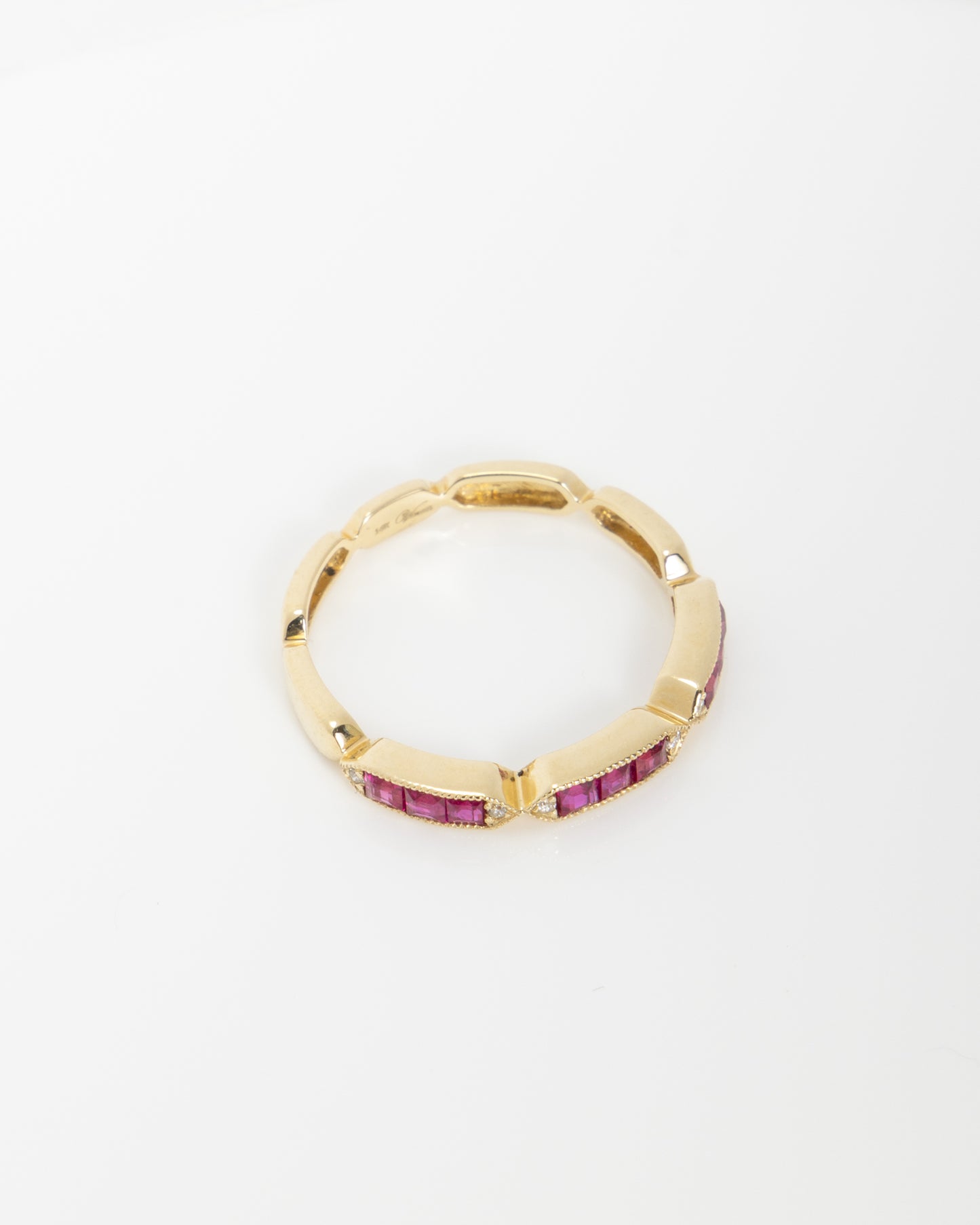 Princess Cut Ruby & Round Diamond Band in Yellow Gold