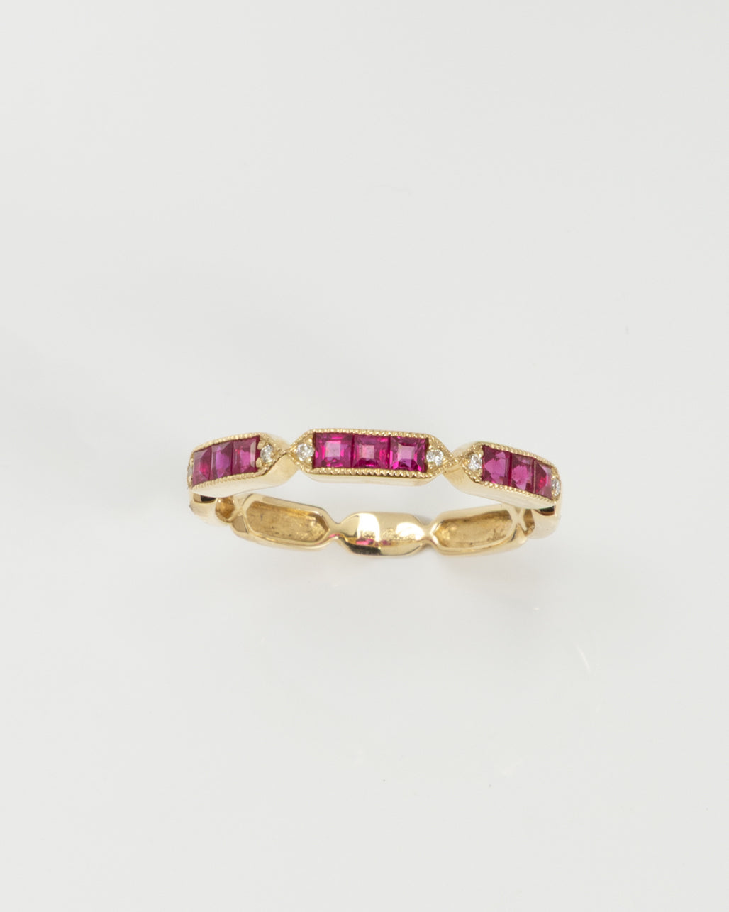 Princess Cut Ruby & Round Diamond Band in Yellow Gold