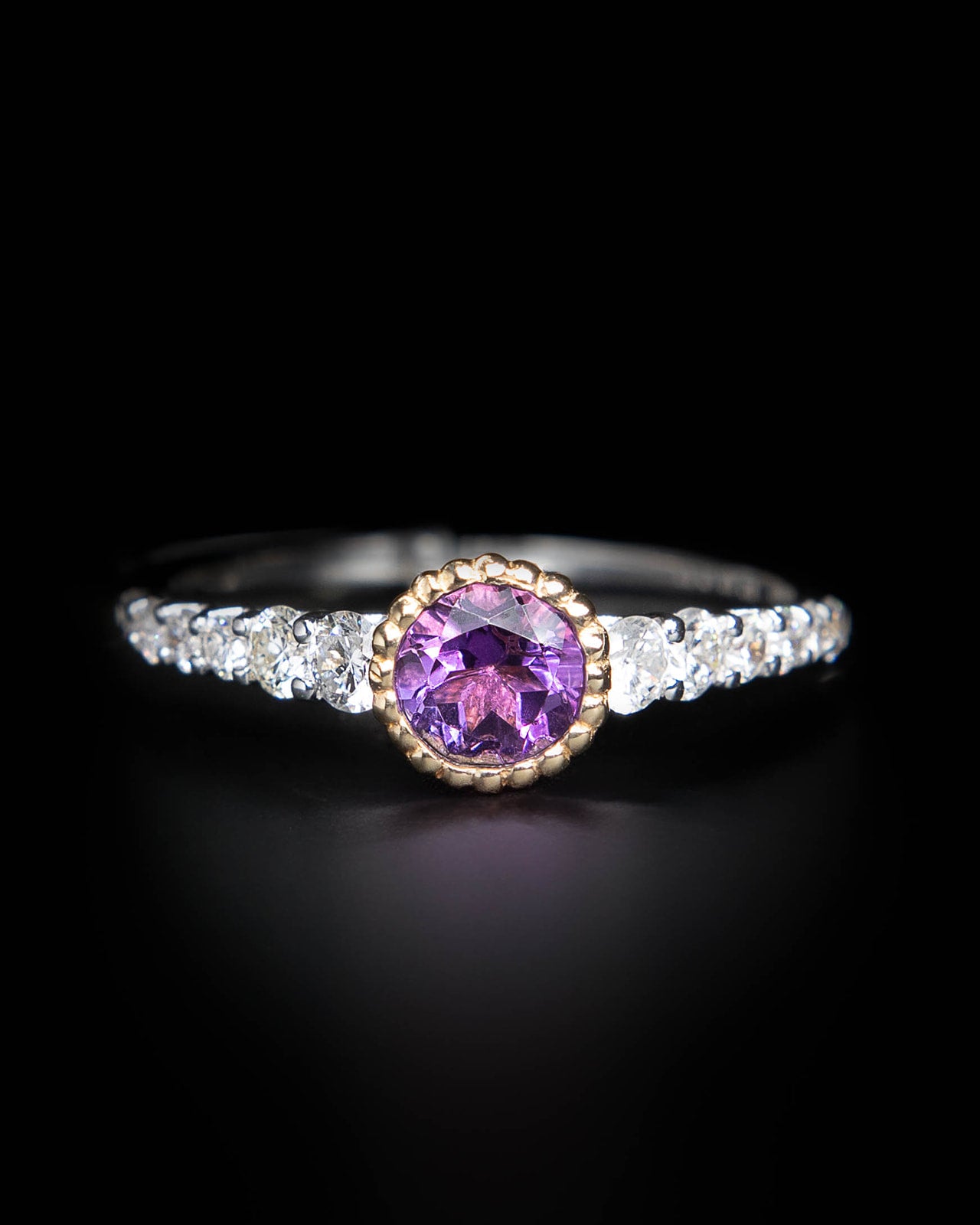 Amethyst & 12 Diamond Ring in White and Yellow Gold