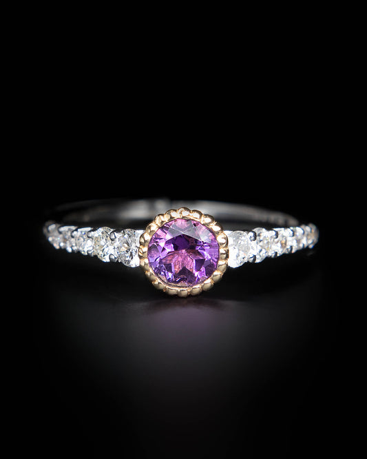 Amethyst & 12 Diamond Ring in White and Yellow Gold