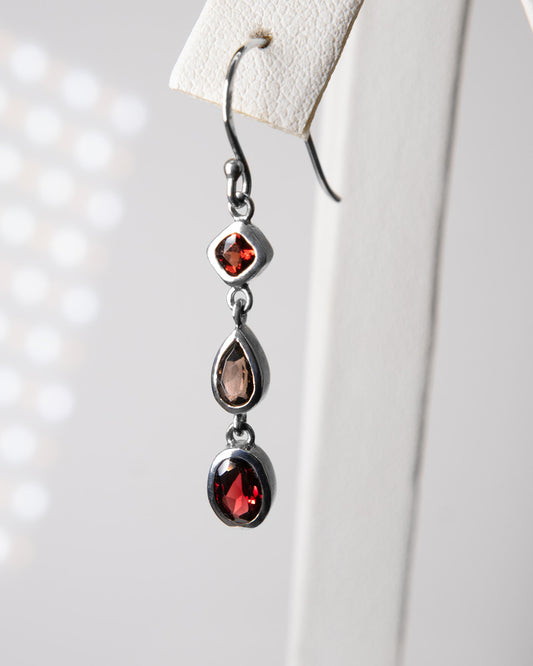 Three Tier Garnet Dangle Earrings in Sterling Silver