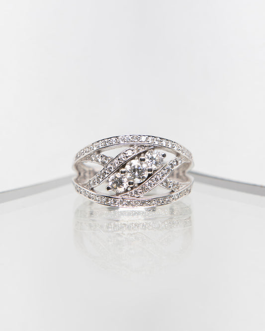 Three Center Diamond Cross Waves Ring in White Gold