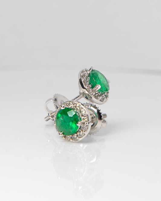 Emerald & Diamond Cluster Earrings in White Gold