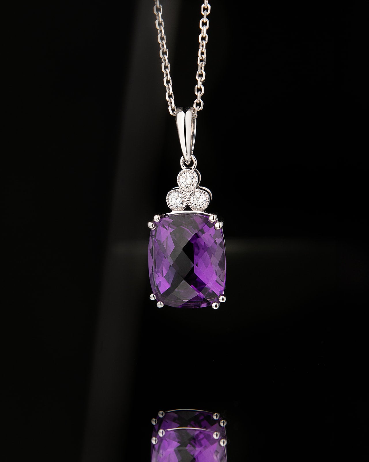 Milgrain Cushion Purple Amethyst & Diamond Pendant in White Gold