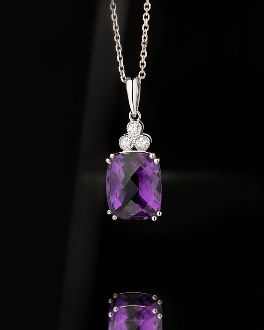 Milgrain Cushion Purple Amethyst & Diamond Pendant in White Gold