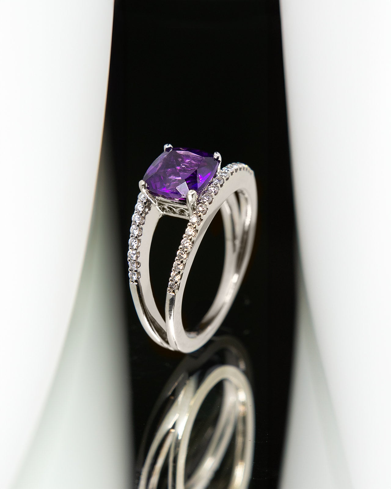 Cushion cut Amethyst and Diamond Hug Ring in White Gold