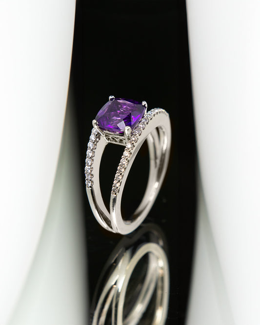 Cushion cut Amethyst and Diamond Hug Ring in White Gold
