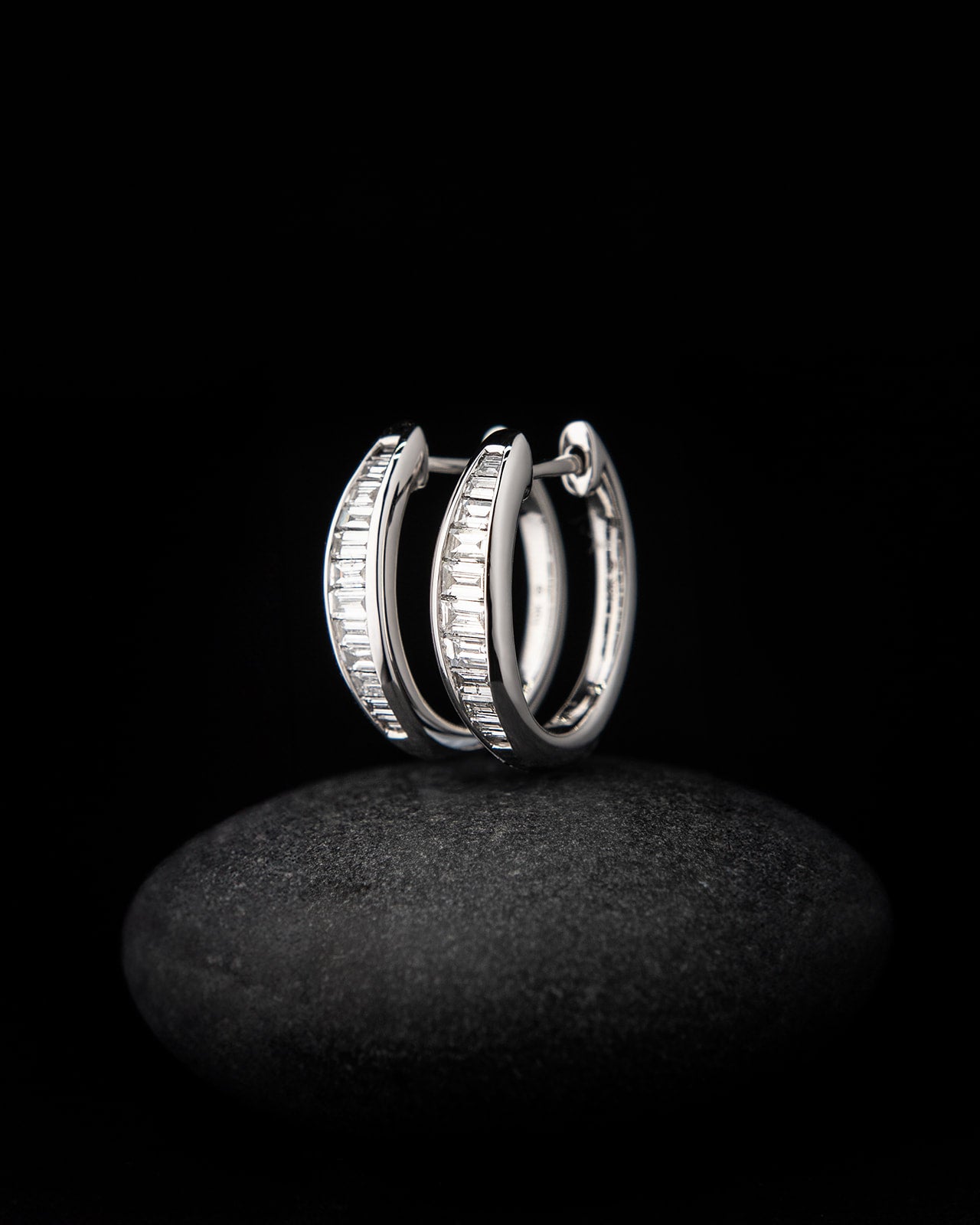 Baguette Diamond Huggie Hoop Earrings in White Gold