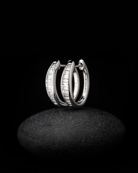 Baguette Diamond Huggie Hoop Earrings in White Gold