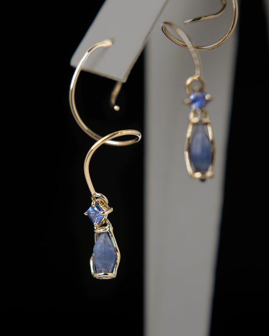 Crystal Sapphire Swirl Drop Earrings in Yellow Gold