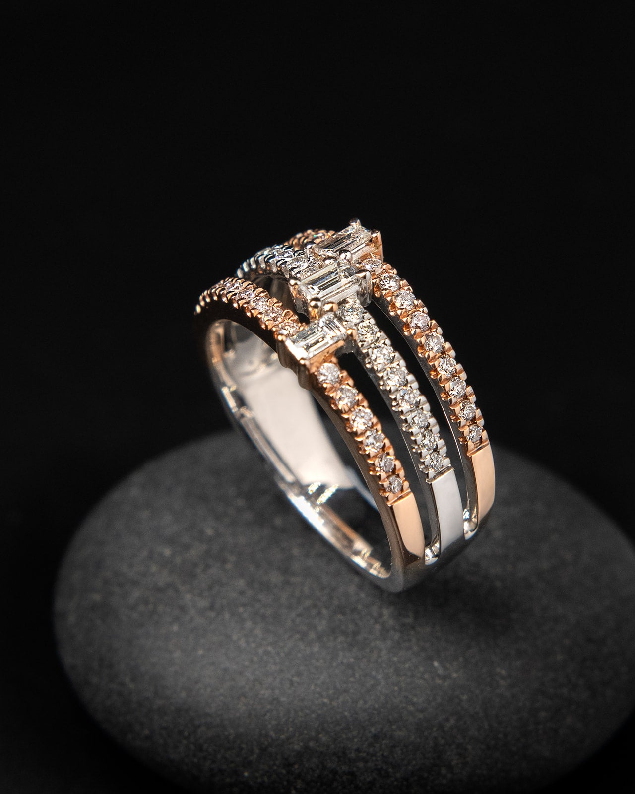 Triple Row Diamond Ring in White and Rose Gold