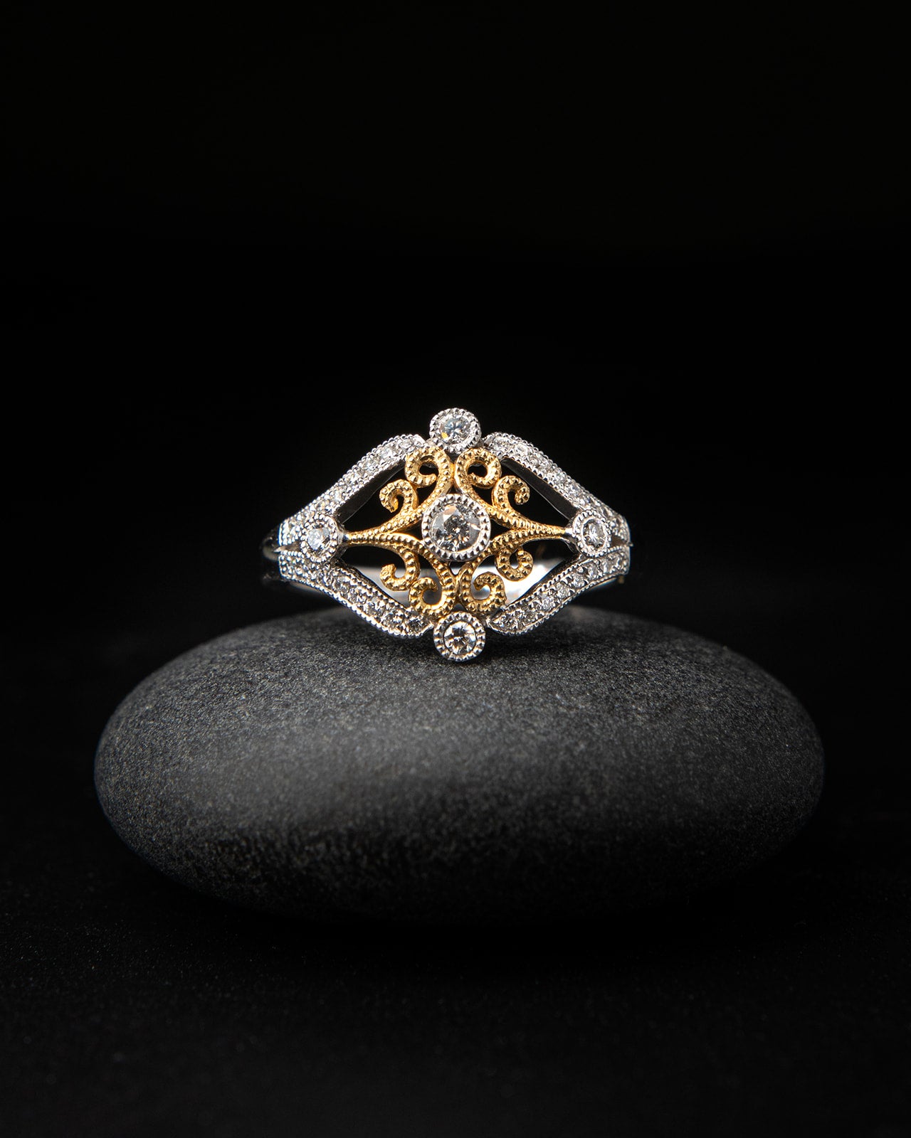 Filigree Diamond Ring in Yellow and White Gold