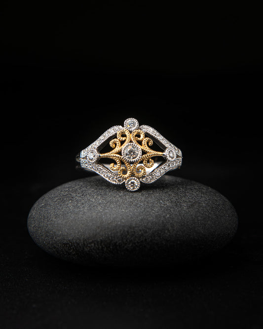 Filigree Diamond Ring in Yellow and White Gold