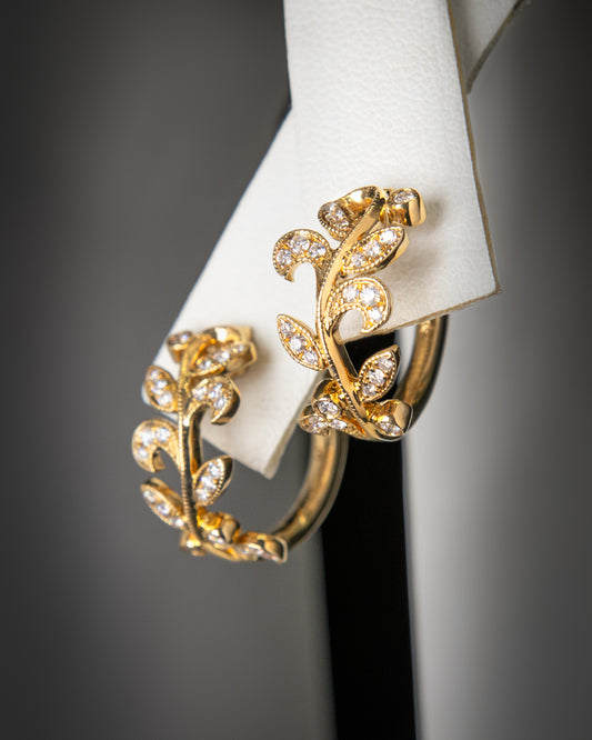 Golden Vine Diamond Huggie Earrings in Yellow Gold