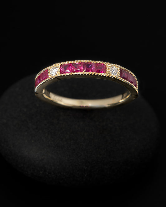 Square Channel Ruby and Diamond Band in Yellow Gold