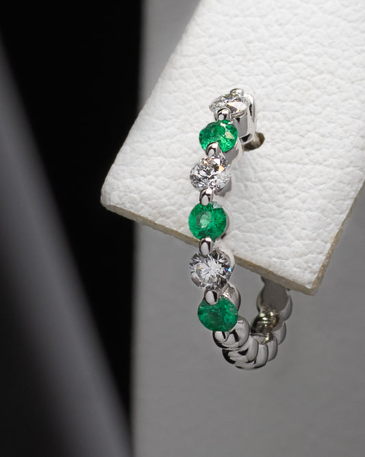 Emerald & Diamonds Huggie Hoops in White Gold