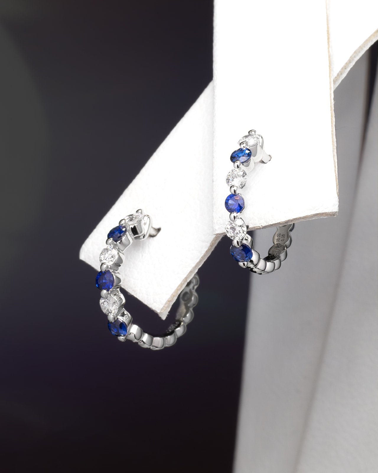 Oval Sapphire & Round Diamonds Hoop Earrings in White Gold
